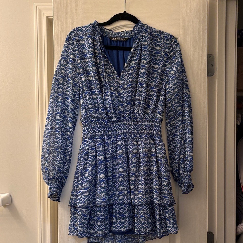 Zara Navy & White Printed Long-Sleeve Smocked Waist Dress
